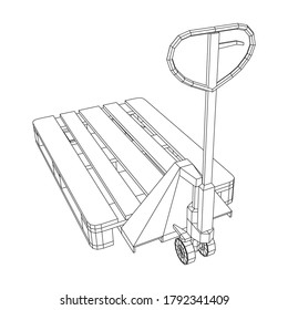 Hand pallet jack lift. Manual forklift with cargo pallet for warehouse. Logistics shipping concept. Wireframe low poly mesh vector illustration.