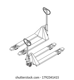 Hand pallet jack lift. Manual forklift. Logistics shipping concept. Wireframe low poly mesh vector illustration.