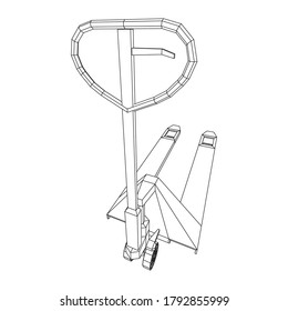 Hand pallet jack lift. Manual forklift. Logistics shipping concept. Wireframe low poly mesh vector illustration.