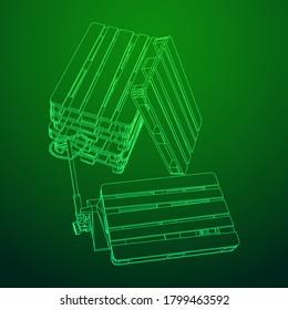 Elevación de la toma de paleta manual. Elevador manual de horquilla con paleta de carga para almacén. Concepto de transporte logístico. Ilustración vectorial de malla baja de malla de malla de alambre.