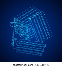 Hand pallet jack lift. Manual forklift with cargo pallet for warehouse. Logistics shipping concept. Wireframe low poly mesh vector illustration.