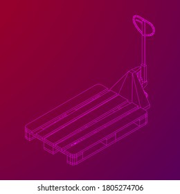 Hand pallet jack lift. Manual forklift with cargo pallet for warehouse. Logistics shipping concept. Wireframe low poly mesh vector illustration.