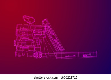 Hand pallet jack lift. Manual forklift with cargo pallet for warehouse. Logistics shipping concept. Wireframe low poly mesh vector illustration.