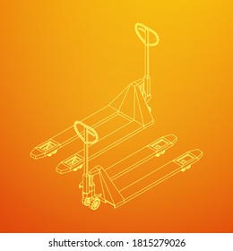 Hand pallet jack lift. Manual forklift. Logistics shipping concept. Wireframe low poly mesh vector illustration.