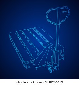 Hand pallet jack lift. Manual forklift with cargo pallet for warehouse. Logistics shipping concept. Wireframe low poly mesh vector illustration.