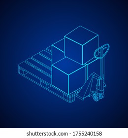 Hand pallet jack lift with pallet and stacked goods cardboard boxes. Manual forklift. Logistics shipping concept. Wireframe low poly mesh vector illustration.