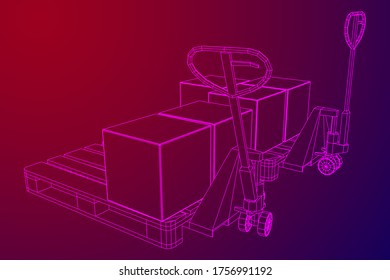 Hand pallet jack lift with pallet and stacked goods cardboard boxes. Manual forklift. Logistics shipping concept. Wireframe low poly mesh vector illustration.