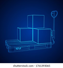 Hand pallet jack lift with pallet and stacked goods cardboard boxes. Manual forklift. Logistics shipping concept. Wireframe low poly mesh vector illustration.