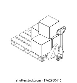 Hand pallet jack lift with pallet and stacked goods cardboard boxes. Manual forklift. Logistics shipping concept. Wireframe low poly mesh vector illustration.