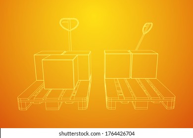 Hand pallet jack lift with pallet and stacked goods cardboard boxes. Manual forklift. Logistics shipping concept. Wireframe low poly mesh vector illustration.