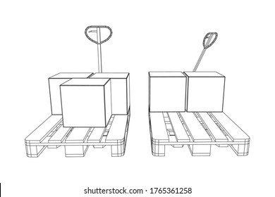 Hand pallet jack lift with pallet and stacked goods cardboard boxes. Manual forklift. Logistics shipping concept. Wireframe low poly mesh vector illustration.