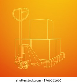Hand pallet jack lift with pallet and stacked goods cardboard boxes. Manual forklift. Logistics shipping concept. Wireframe low poly mesh vector illustration.