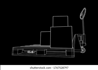 Hand pallet jack lift with pallet and stacked goods cardboard boxes. Manual forklift. Logistics shipping concept. Wireframe low poly mesh vector illustration.