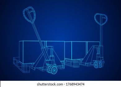 Hand pallet jack lift with pallet and stacked goods cardboard boxes. Manual forklift. Logistics shipping concept. Wireframe low poly mesh vector illustration.