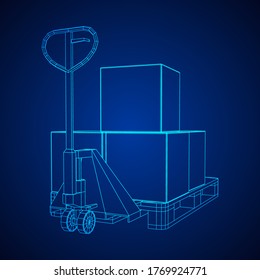 Hand pallet jack lift with pallet and stacked goods cardboard boxes. Manual forklift. Logistics shipping concept. Wireframe low poly mesh vector illustration.