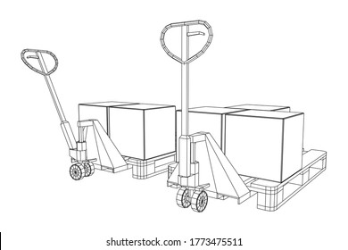 Hand pallet jack lift with pallet and stacked goods cardboard boxes. Manual forklift. Logistics shipping concept. Wireframe low poly mesh vector illustration.