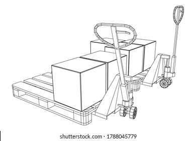 Hand pallet jack lift with pallet and stacked goods cardboard boxes. Manual forklift. Logistics shipping concept. Wireframe low poly mesh vector illustration.