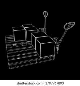 Hand pallet jack lift with pallet and stacked goods cardboard boxes. Manual forklift. Logistics shipping concept. Wireframe low poly mesh vector illustration.