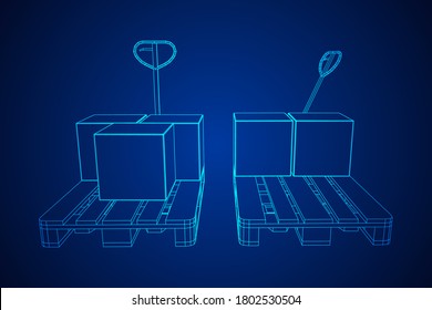 Hand pallet jack lift with pallet and stacked goods cardboard boxes. Manual forklift. Logistics shipping concept. Wireframe low poly mesh vector illustration.