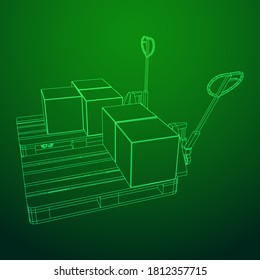 Hand pallet jack lift with pallet and stacked goods cardboard boxes. Manual forklift. Logistics shipping concept. Wireframe low poly mesh vector illustration.