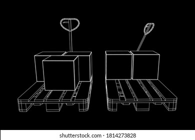 Hand pallet jack lift with pallet and stacked goods cardboard boxes. Manual forklift. Logistics shipping concept. Wireframe low poly mesh vector illustration.