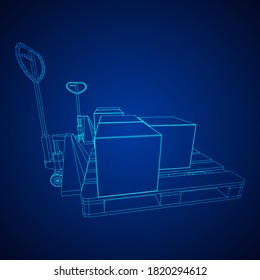 Hand pallet jack lift with pallet and stacked goods cardboard boxes. Manual forklift. Logistics shipping concept. Wireframe low poly mesh vector illustration.