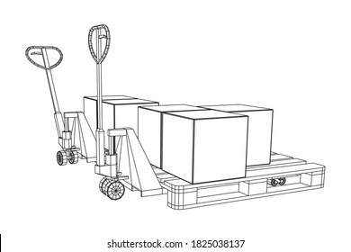 Hand pallet jack lift with pallet and stacked goods cardboard boxes. Manual forklift. Logistics shipping concept. Wireframe low poly mesh vector illustration.