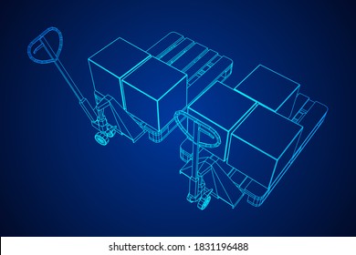 Hand pallet jack lift with pallet and stacked goods cardboard boxes. Manual forklift. Logistics shipping concept. Wireframe low poly mesh vector illustration.