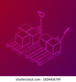 Hand pallet jack lift with pallet and stacked goods cardboard boxes. Manual forklift. Logistics shipping concept. Wireframe low poly mesh vector illustration.