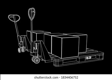 Hand pallet jack lift with pallet and stacked goods cardboard boxes. Manual forklift. Logistics shipping concept. Wireframe low poly mesh vector illustration.