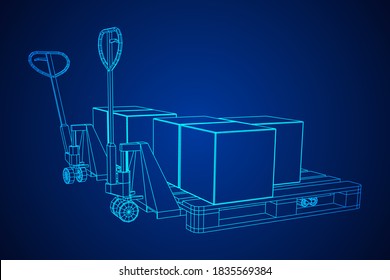 Hand pallet jack lift with pallet and stacked goods cardboard boxes. Manual forklift. Logistics shipping concept. Wireframe low poly mesh vector illustration.