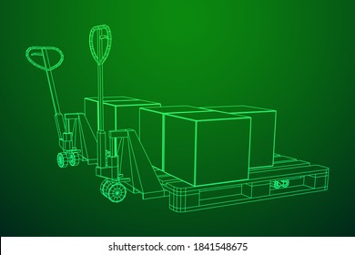 Hand pallet jack lift with pallet and stacked goods cardboard boxes. Manual forklift. Logistics shipping concept. Wireframe low poly mesh vector illustration.