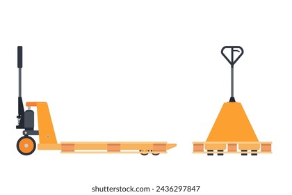 Hand pallet jack lift and wooden pallet isolated on white. cargo cart or forklift. Delivery, logistic and shipping cargo. Vector illustration in flat style