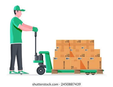 Transpaleta de mano con caja de cartón y movedor aislado sobre blanco. Pallet jack lleno de cajas de cartón. Embalaje de entrega contenedor cerrado con signos frágiles. Ilustración vectorial en estilo plano