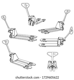 Hand pallet truck outline vector. Special machines for the building work. Manual forklift.