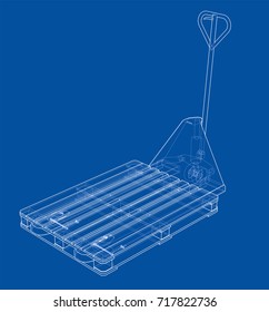 Hand pallet truck with pallet. Vector rendering of 3d. Wire-frame style. The layers of visible and invisible lines are separated