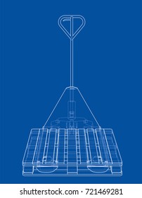 Hand pallet truck with pallet. Vector rendering of 3d. Wire-frame style. The layers of visible and invisible lines are separated