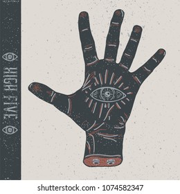 hand palm. Black ink illustration in retro tatoo style. Vector grunge illustration