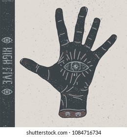 hand palm. Black ink illustration in retro tatoo style. Vector grunge illustration