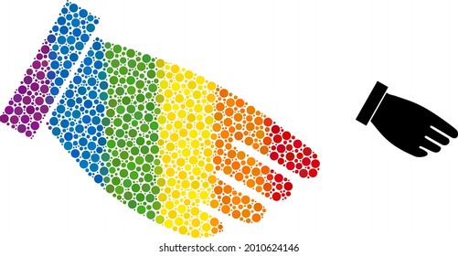 Hand palm composition icon of spheric blots in variable sizes and rainbow colored color hues. A dotted LGBT-colored hand palm for lesbians, gays, bisexuals, and transgenders.