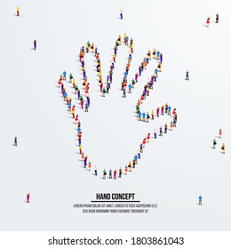 Hand or palm concept. A large group of people form to create a shape hand or palm. People organ icon series. Hi five vector illustration.