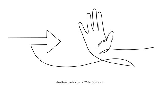 Hand palm facing forward in continuous line drawing. A sign of readiness, openness, and offering assistance. Vector illustration one line art minimalist.