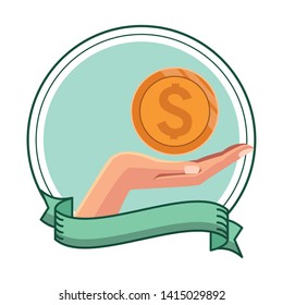 hand with palm facing up holding a big coin with money sign in round icon with ribbon
