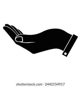 Hand palm up flat icon. Care and save symbol. Give alms. Facing up hand. Receiving hand black silhouette. Vector illustration.