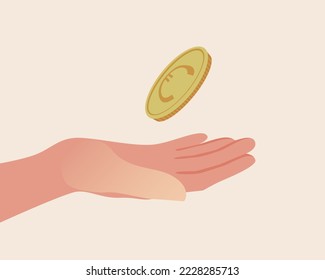 Hand with palm flips euro coin isolated as concept heads or tails, flat vector stock illustration for design