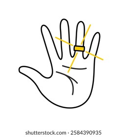 Hand palm with golden ring on a ring finger line icon. Just married man symbol. Wedding day sign. Adjustable stroke.