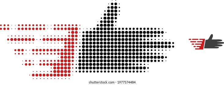 Hand palm halftone dot icon illustration. Halftone pattern contains round elements. Vector illustration of hand palm icon on a white background. Flat abstraction for hand palm pictogram.