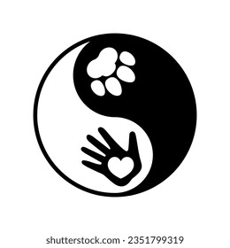 Hand palm with heart and paw print inside a round yin yang symbol.
