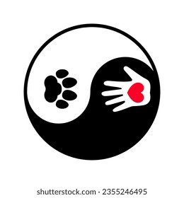 Hand palm with heart and paw print inside a round yin yang symbol.