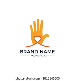 Hand palm and heart symbol playful logo on white background